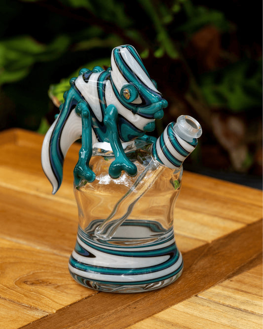 meticulously crafted design of the White/Purple/Blue Chameleon Wig Wag Rig w/ Opal Eyes by Willy That Glass Guy