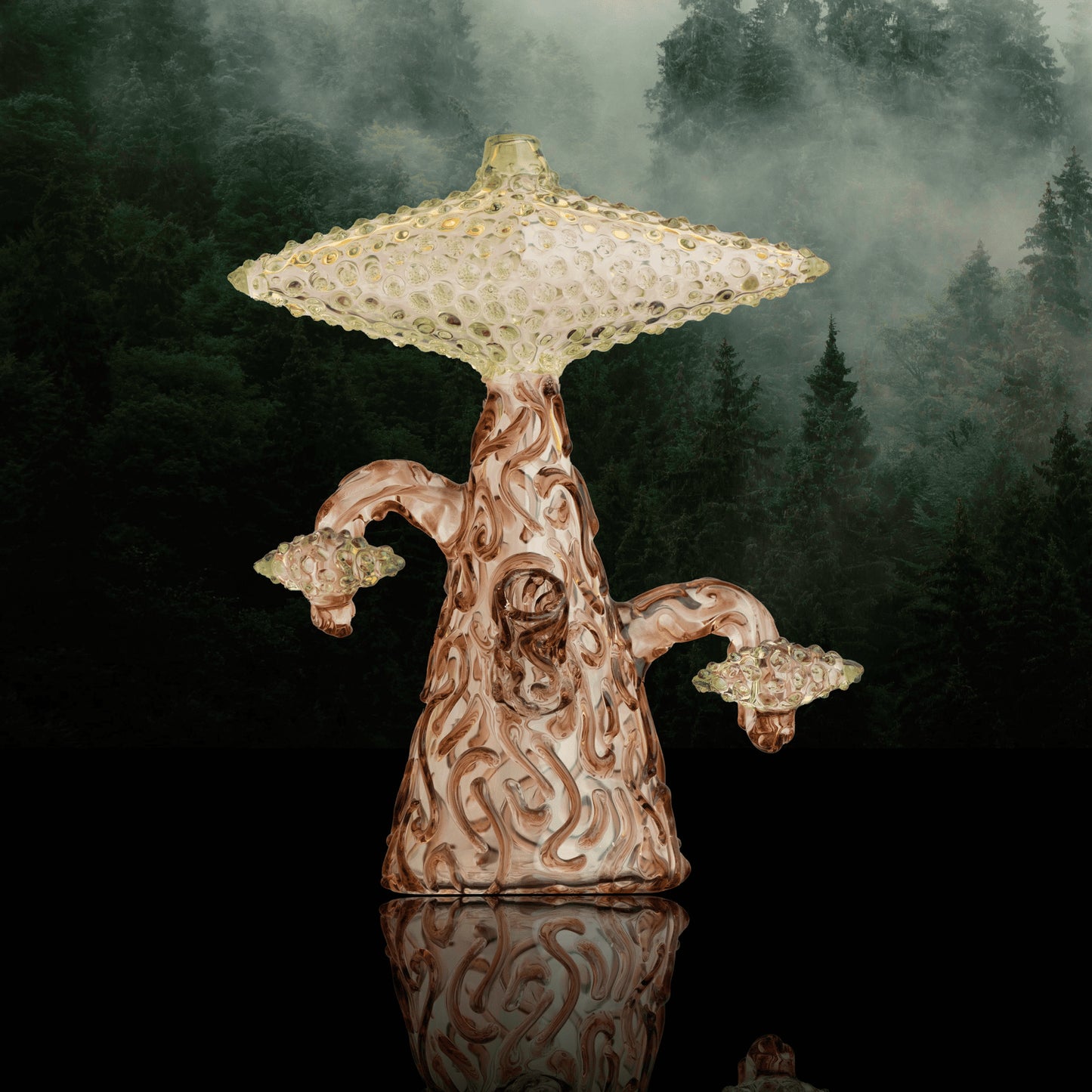 artisan-crafted art piece - Brown Partial Small Bonsai Tree w/ Green Leaves by Lu Glass