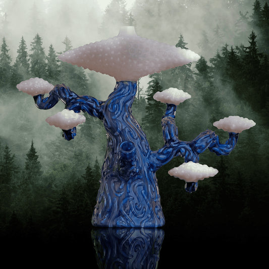 artisan-crafted art piece - Blue Full Color Large Bonsai Tree w/ White Leaves by Lu Glass