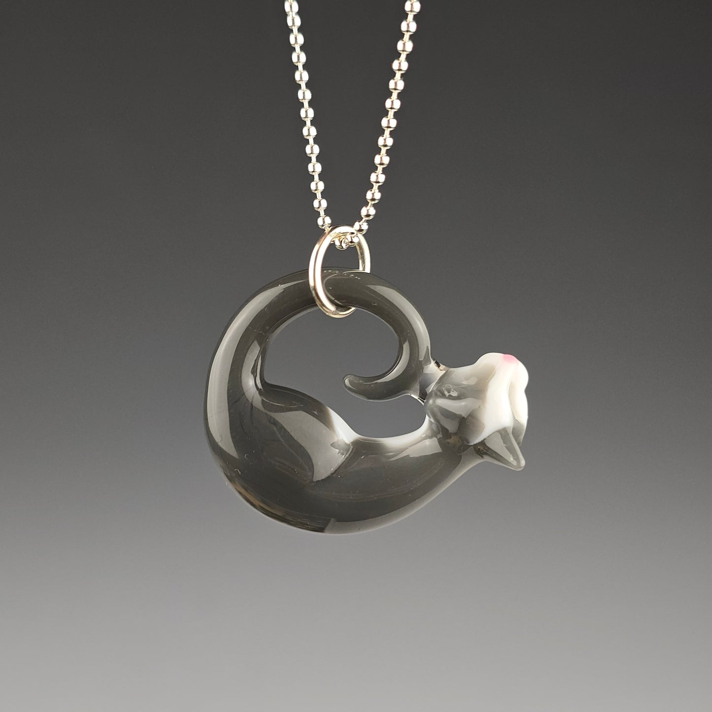 Gray & White with pink nose Small Sleeping Kitty Pendant by Spiller Woods (2025)