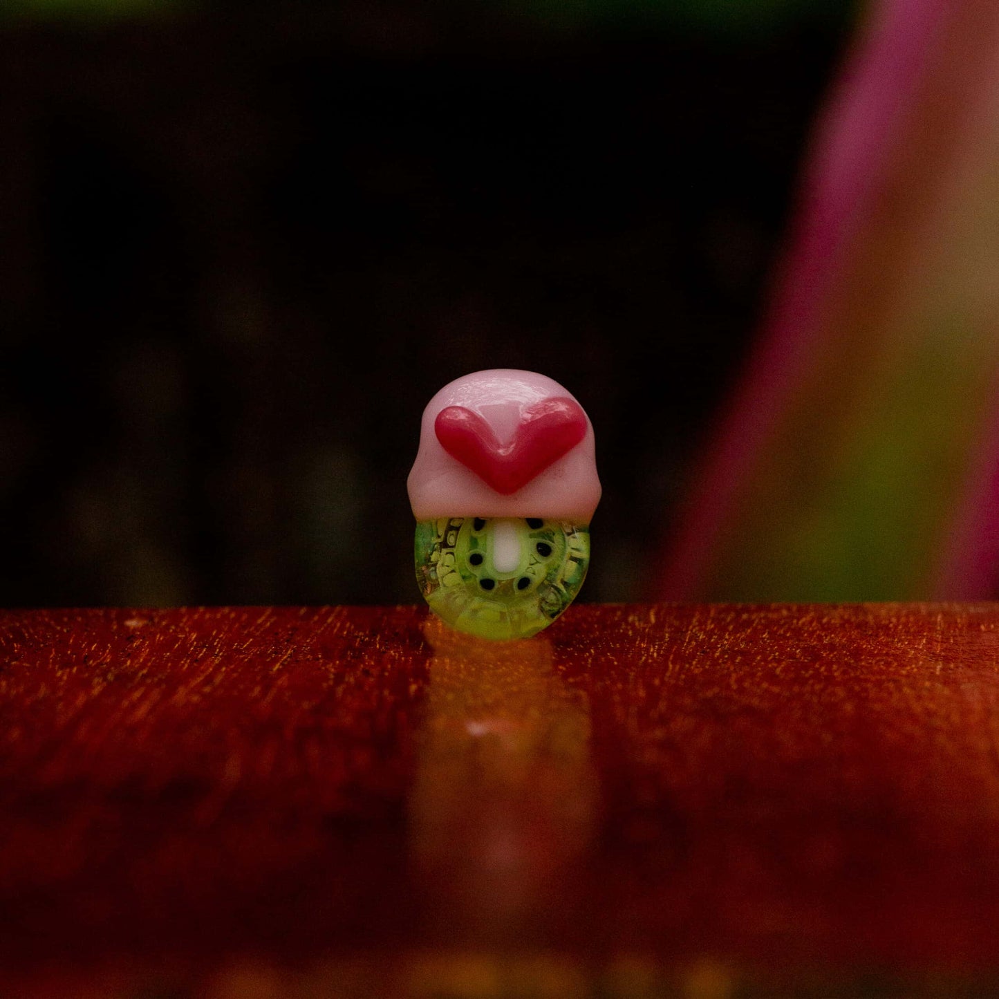 artisan-crafted glass pendant - Strawberry Heart UV Kiwi Pendant by Sakibomb