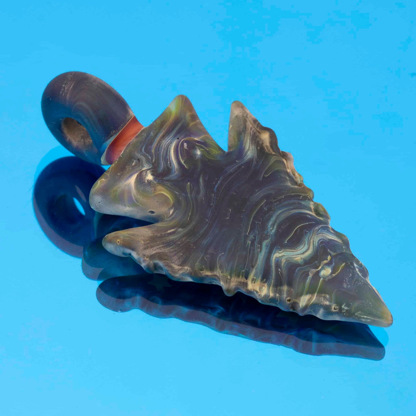innovative glass pendant - "Starry Nights" Tech (NS Blue Caramel w/ Sandblasted Stars) Collab Arrowhead Pendant w/ NS Orange Encalmo by Elks That Run & Torchress