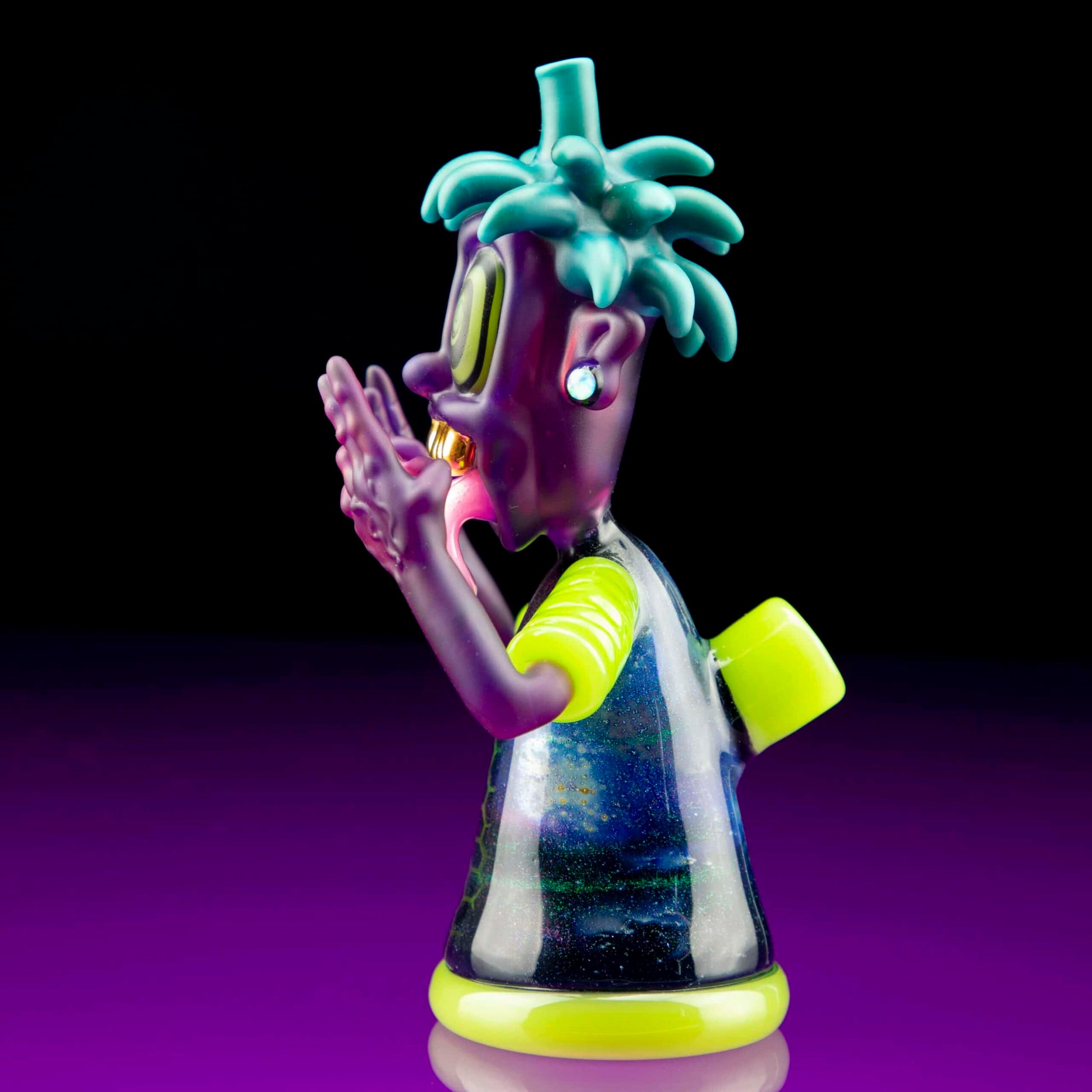 hand-blown design of the Fume City Glass Collaboration Half Body Rig w/ Opal Earrings & Gold Grill by Ryder Glass