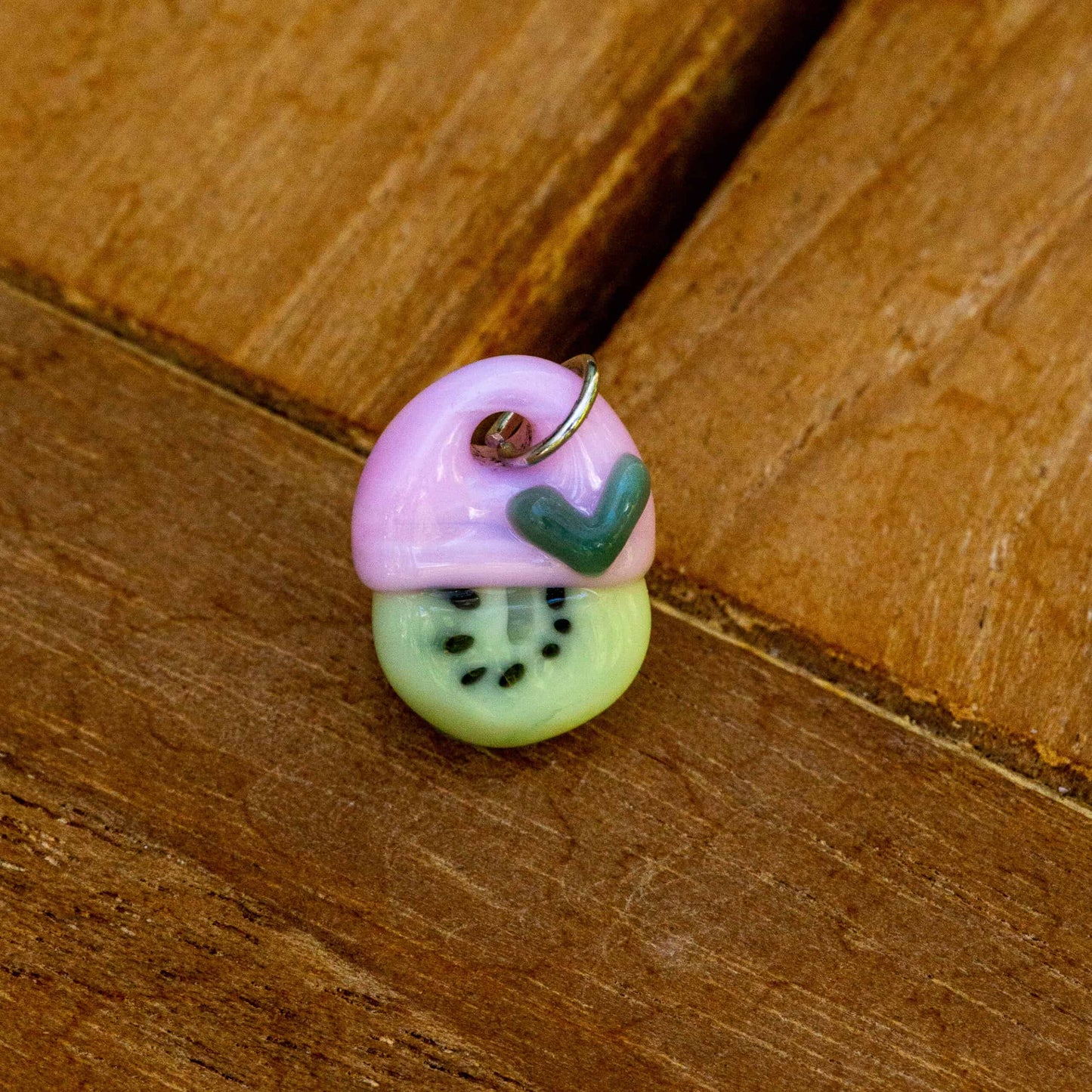 hand-blown art piece - Tiny Pink Kiwi Charm w/ Green Heart by Sakibomb