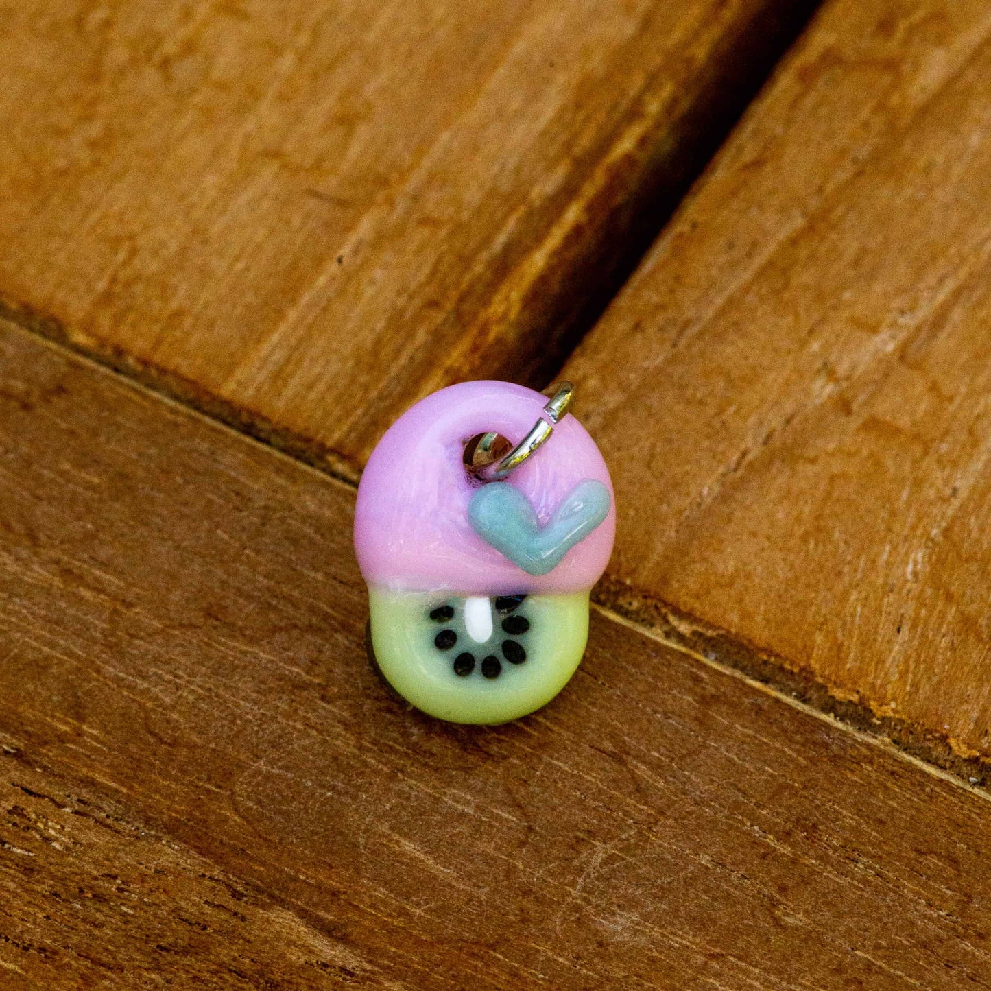 meticulously crafted art piece - Tiny Pink Kiwi Charm w/ Blue Heart by Sakibomb