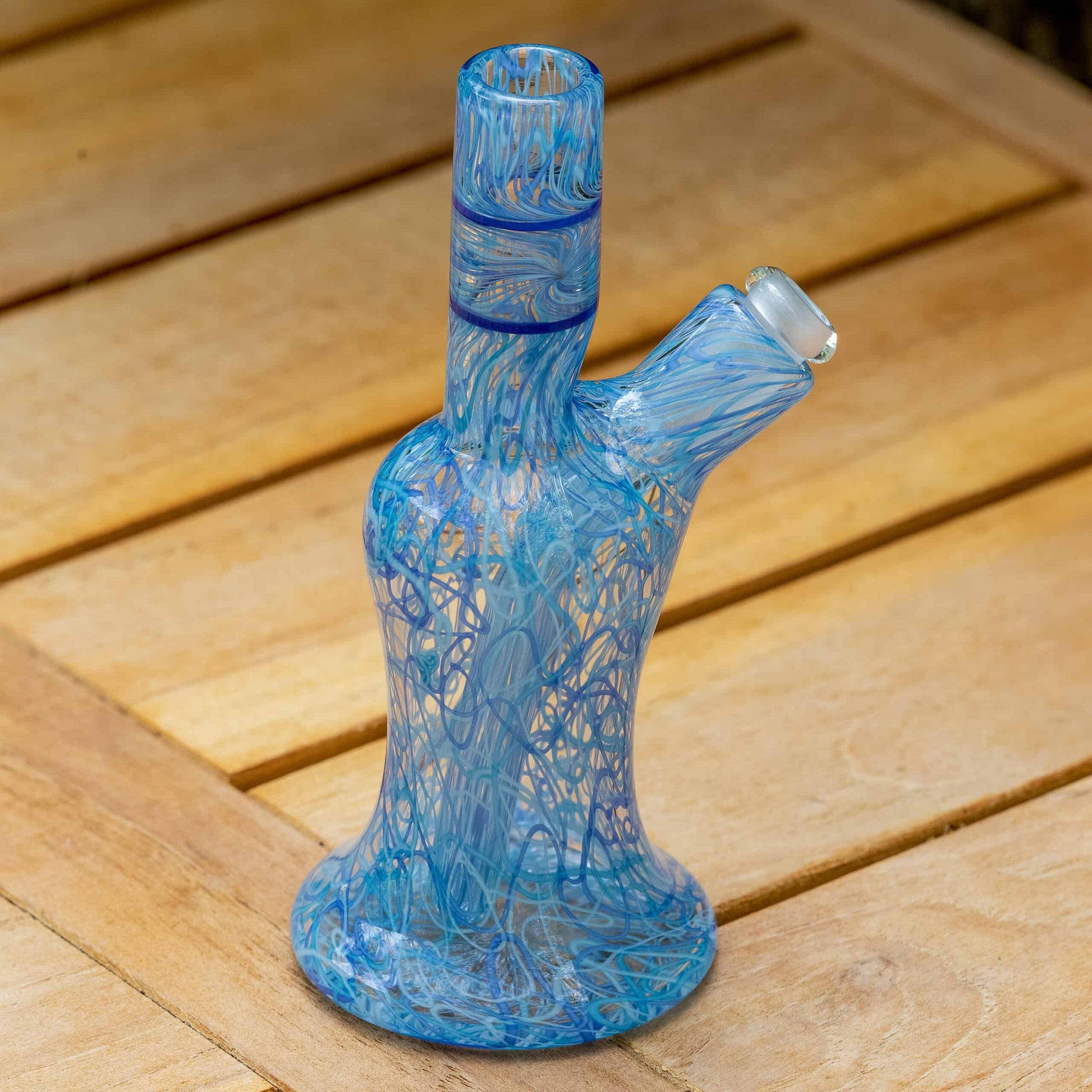 comfortable design of the Blue Tri-Tone Fully Worked Scribble Mini Tube w/ Fully Worked Bubble Cap by Snoopy Glass