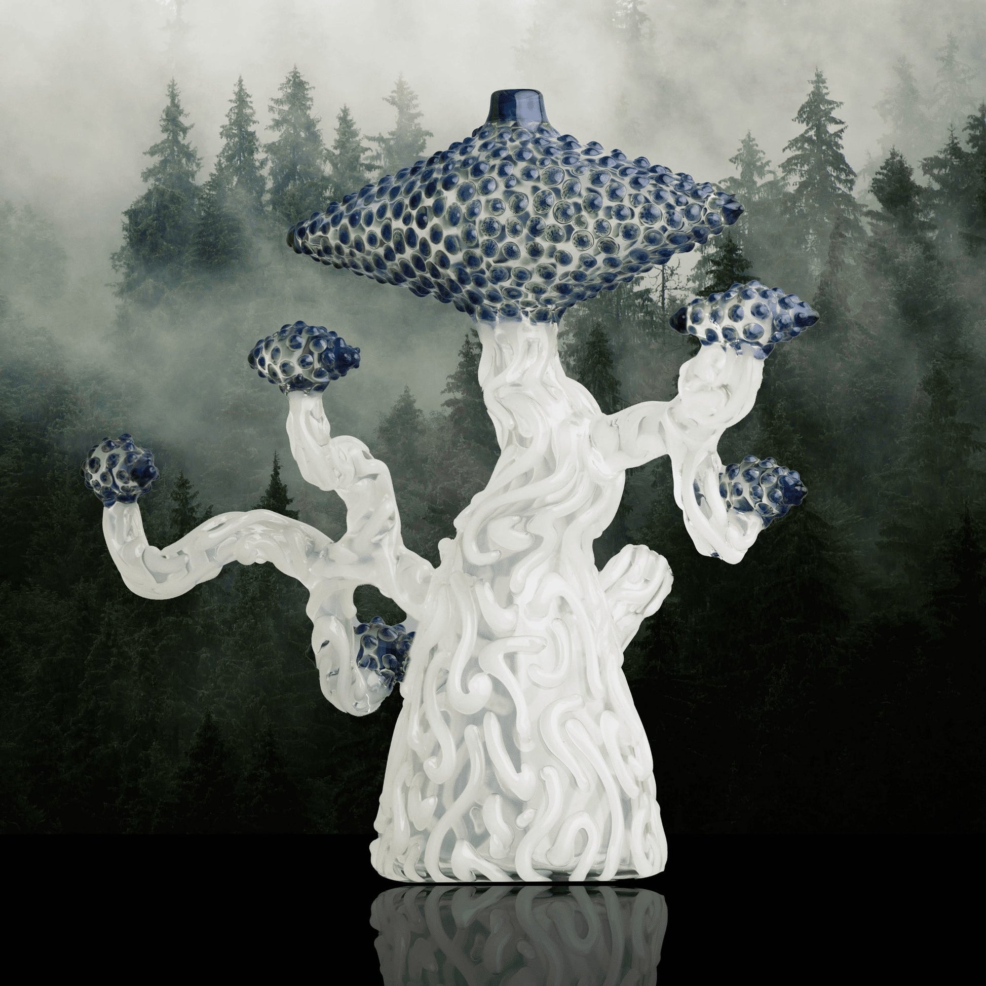 luxurious art piece - White Partial Large Bonsai Tree w/ Blue Leaves by Lu Glass