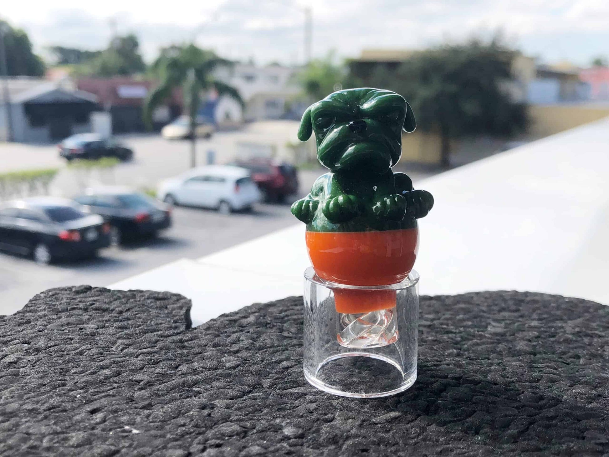 exclusive design of the Miami Orange/Green Bullie Spinner Carb Cap by Swanny