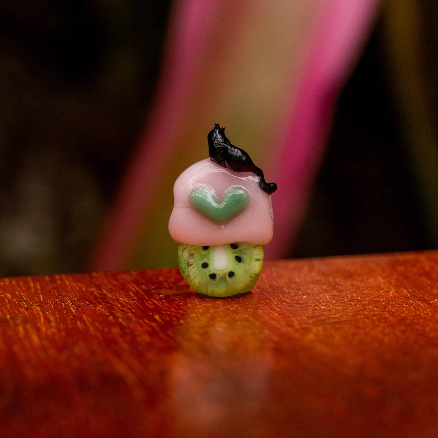 hand-blown glass pendant - Tiny Kitty UV Kiwi w/ Green Heart Pendant by Sakibomb