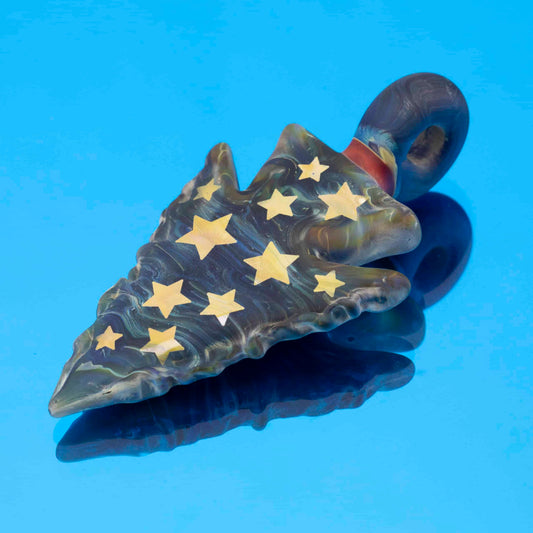 innovative glass pendant - "Starry Nights" Tech (NS Blue Caramel w/ Sandblasted Stars) Collab Arrowhead Pendant w/ NS Orange Encalmo by Elks That Run & Torchress
