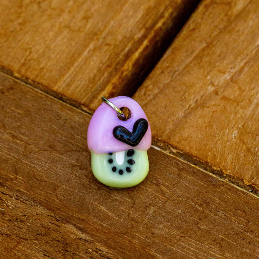 exquisite art piece - Tiny Pink Kiwi Charm w/ Black Heart by Sakibomb