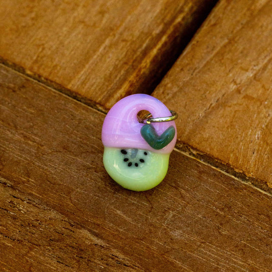 hand-blown art piece - Tiny Pink Kiwi Charm w/ Green Heart by Sakibomb