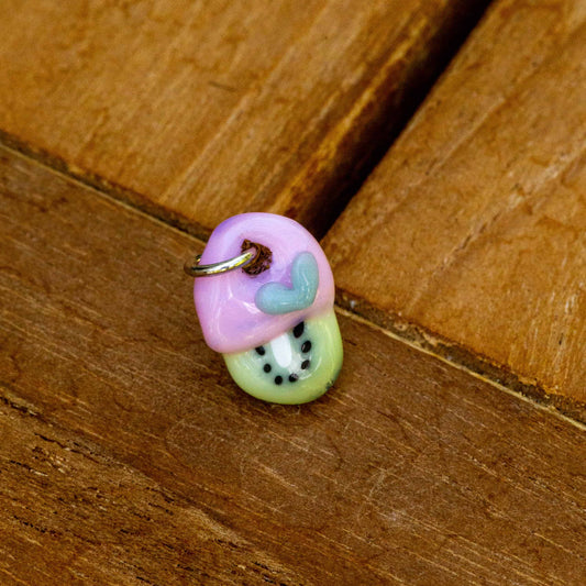 meticulously crafted art piece - Tiny Pink Kiwi Charm w/ Blue Heart by Sakibomb