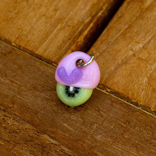 exquisite art piece - Tiny Pink Kiwi Charm w/ Purple Heart by Sakibomb