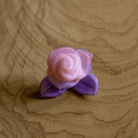 artisan-crafted glass pendant - Pink Rose w/ Purple Leaves Pendant by Sakibomb