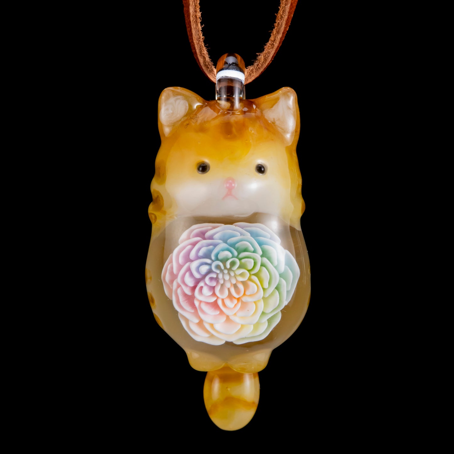 Brown Tabby Cat and Pastel Flower Pendant by Glass Azu