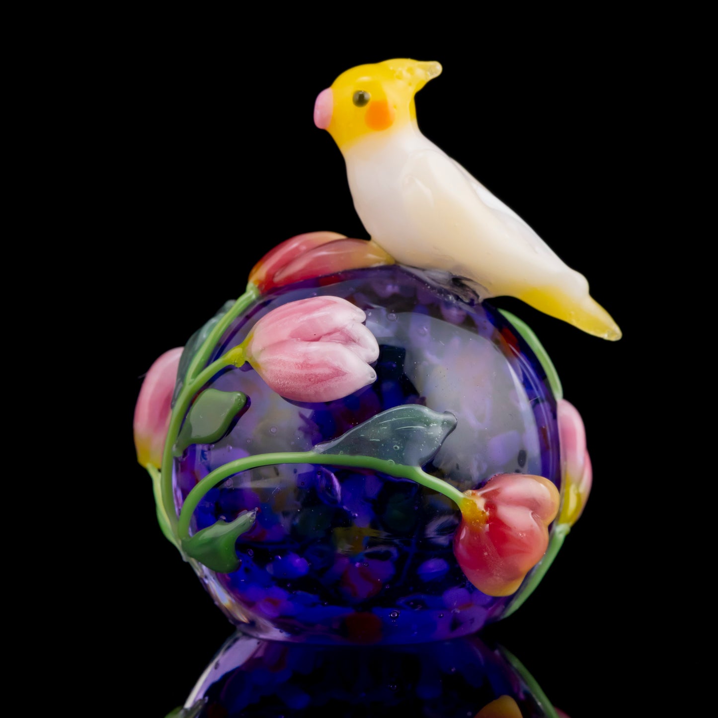 Cockatiel and Tulip Paperweight by Tomomi Handa