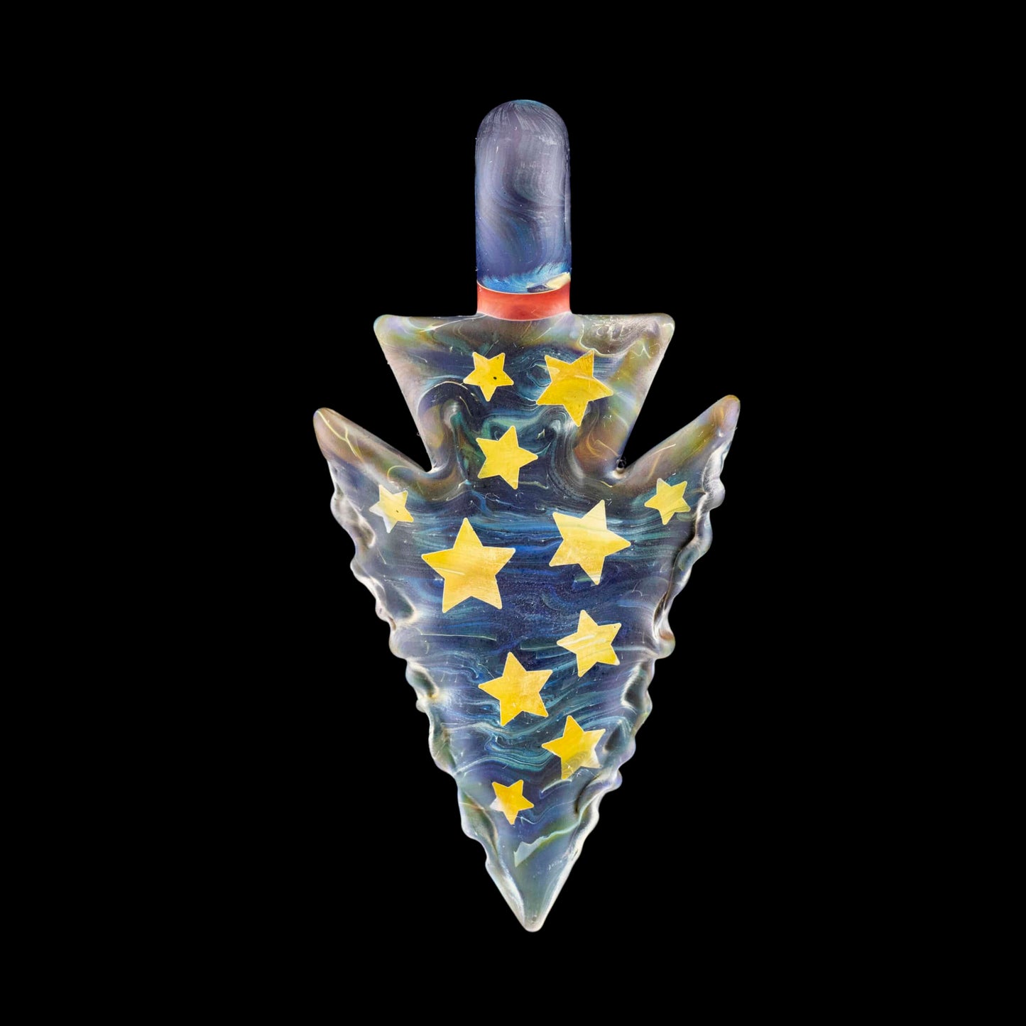 innovative glass pendant - "Starry Nights" Tech (NS Blue Caramel w/ Sandblasted Stars) Collab Arrowhead Pendant w/ NS Orange Encalmo by Elks That Run & Torchress