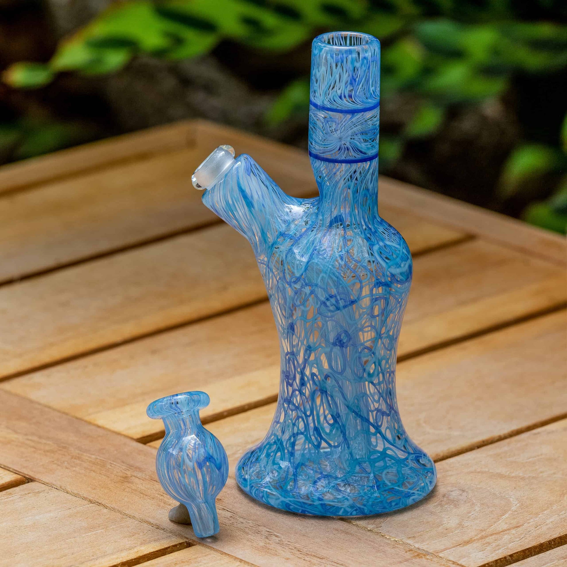comfortable design of the Blue Tri-Tone Fully Worked Scribble Mini Tube w/ Fully Worked Bubble Cap by Snoopy Glass